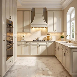 Mobili da Cucina su Misura Bianco Crema con Pannelli a Rilievo, Paraschizzi in Marmo Bianco, Forni a <span class=keywords><strong>Incasso</strong></span> a Parete, Cucina di Lusso in Stile Transizionale - Product Image 1