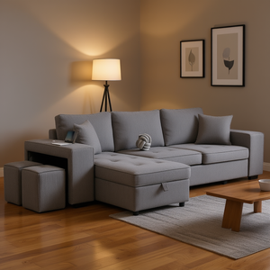 Sofá Seccional en Forma de L de 3 Plazas, Reversible, Convertible en Cama con Espacio de Almacenamiento, 2 Taburetes, Juego de Muebles de Sala de Estar en Lino Gris - Product Image 2
