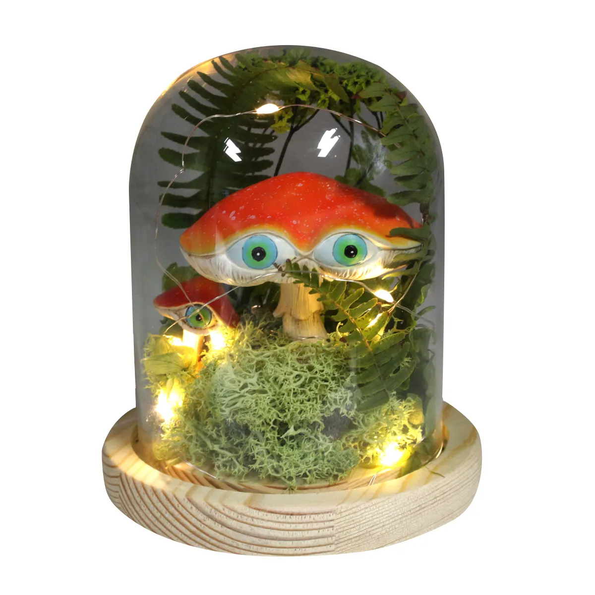 كرة زجاجية على شكل فطر لطيف مخصص ومضحك مع قاعدة خشبية وضوء led