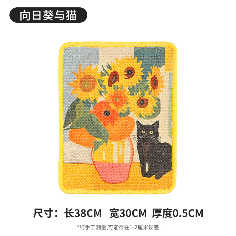 Tavola da grappling in sisal con pittura a olio: girasole e gatto