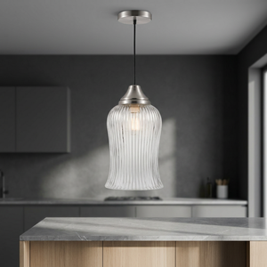 <b>Modern</b> <b>LED</b> Bell Pendant <b>Light</b> with Ribbed Shade and Brushed Metal Finish Middle Size for Kitchen <b>Ceiling</b> Installation - Product Image 4