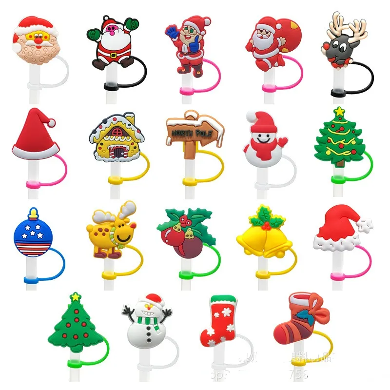 Christmas Tree Santa Claus Holiday Party Bar Accessories Straw Topper Charm Cover For Tumbers Wholesale