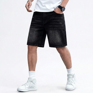 Shorts en jean noir pour homme, tricotés, imprimés, coupe droite, taille mi-haute, en coton délavé, décontractés, pour l'été, avec poches, respirants - Product Image 1