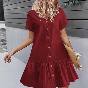 Women's Loose Summer Cotton Linen Ruffle Hem Casual Short Sleeve Buckle Dresses Fashion - Product Image 4