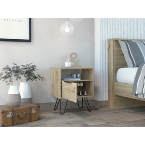 <b>Light</b> <b>Oak</b> 1-Shelf 1-Drawer Nightstand With Hairpin Legs For Bedroom Storage - Product Image 2