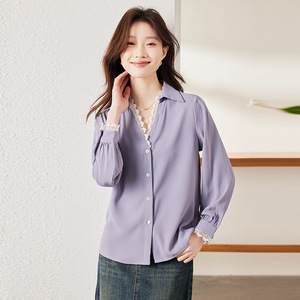 Purple V-Neck Blouse With Lace Trim Chiffon Shirt For Women Spring Summer Fashion Vintage Style Everyday Wear - Product Image 4