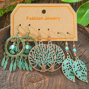 Boucles d'oreilles pendantes bohèmes tendance en alliage plaqué bronze antique à motif végétal, ensemble de bijoux de fête pour femme - Product Image 3