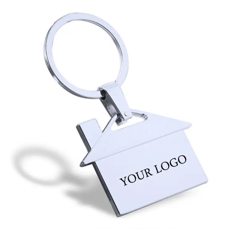 Aangepaste Ijzeren Huisvorm Metalen Sleutelhanger Laser Logo Zinklegering Blanco Sleutelhanger