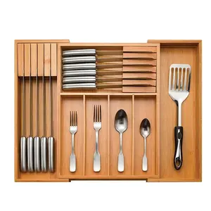 Extendable 7 To 9 Compartments Bamboo Cutlery Box Kitchen Utensil Drawer Organizer 2 Knife Blocks For Drawers