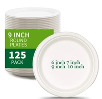 Lot de 125 assiettes rondes en bagasse de 9 pouces, robustes, compostables, jetables, en canne à sucre, biodégradables, micro-ondables, pour le camping