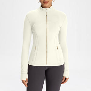 Jaket Yoga ritsleting emas wanita, jaket olahraga Fitness Gym bernapas cepat kering ritsleting emas spandeks kerah berdiri pas badan - Product Image 5
