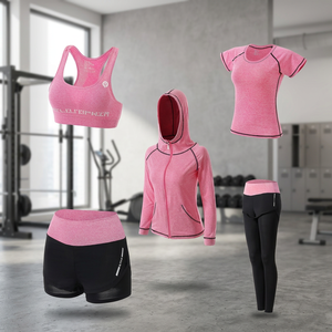 Ensemble de yoga rose 5 pièces pour femme : soutien-gorge de sport dos nageur, sweat à capuche, crop top, short taille haute, leggings – Séchage rapide, Spandex, Polyester - Product Image 2