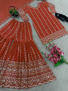 ชุด Plazo ที่สวยงาม Georgette เทียมหนักพร้อมลําดับการเย็บปักถักร้อย 5 มม. งานหนักด้วยผ้าฝ้ายไมโครคุณภาพสูง Latkan Dori - Product Image 2