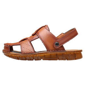 Sandales d'été pour hommes en cuir véritable à brides croisées, bout fermé, semelle extérieure en caoutchouc antidérapante, chaussures décontractées de plage - Product Image 5
