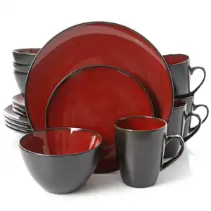 ชุดอาหารค่ำสีแดงสีฟ้าสีดำที่เป็นของแข็งสองสีหินเคลือบเครื่องถ้วยชามเซรามิกถ้วยชาม