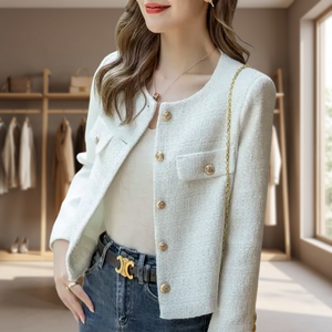French Wool Tweed Women's High-end Coat with Gold Buttons Short-Slim Fit for Spring Autumn 2024 Korean Style - Product Image 3