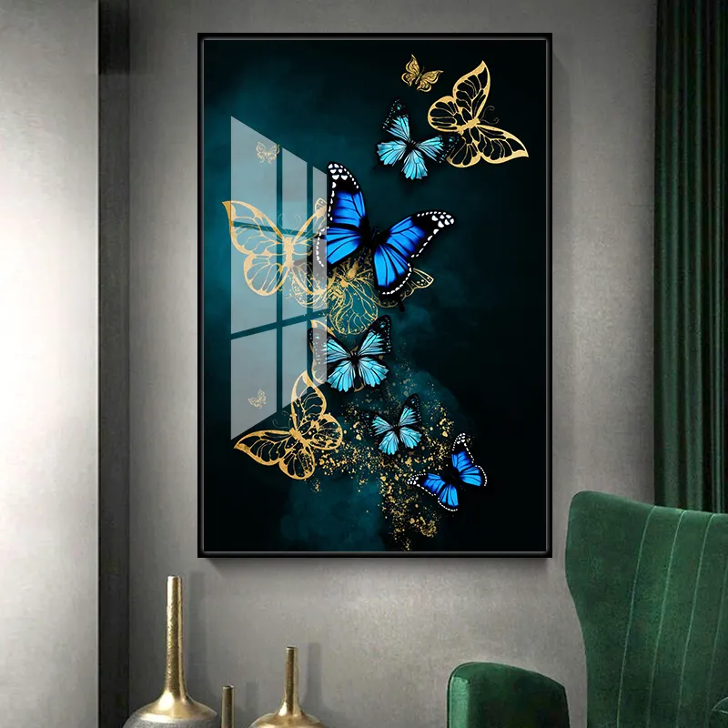 Modern Abstract Butterfly Animal Prints Decorative Wall Art HD Crystal Porcelain Painting with Aluminum Frame