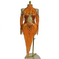 Robe de danse dos nu en maille transparente orange avec franges en strass pour femmes, en stock, pour spectacle sur scène, tenue de performance Drag Queen