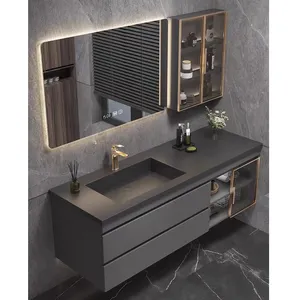 Meubles de salle de bain de luxe à lavabo unique avec miroir intelligent et armoire latérale Ensembles de vanité de meubles de salle de bain modernes