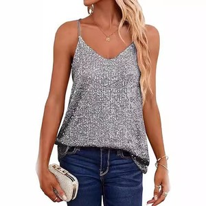 Women's <b>Sequined</b> Deep V Neck Sleeveless Loose Knitted Camisole <b>Top</b> Casual Style Gold - Product Image 4
