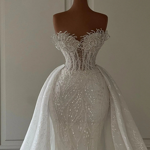 Vestidos de Novia Sirena con Cuentas y Plumas Mumuleo Sweetheart, Vestido de Lujo 2024 con Cola Desmontable Transparente - Product Image 1