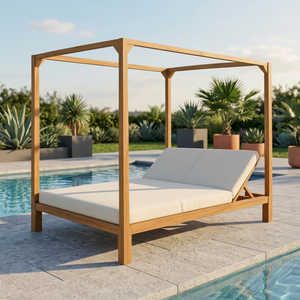 Cabane contemporaine à quatre poteaux en teck pour ensemble de chaises longues de luxe pour complexe hôtelier - Product Image 1