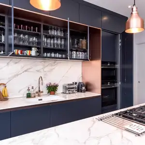 Kabinet Dapur Modern High End Hitam Single-Wall Dipesan Ulang Kabinet Dapur Matt Biru dengan Pulau Besar