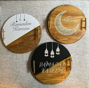 パフイスラムのテーブルの装飾木製の月と星のラマダンテーブルフードトレイラマダンカリームサービングトレイ