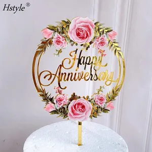 Mutlu yıldönümü kek Topper-romantik çiçek yıldönümü pastası dekorları düğün nişan için sevgililer günü süslemeleri PQ677