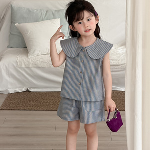 Completo Abbigliamento <span class=keywords><strong>Bambina</strong></span> 2026 Nuovo Stile Alla Moda Cotone Tuta Neonato Stile Coreano Top a Righe con Risvolto + Pantaloncini Set Due Pezzi - Product Image 2