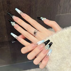 Ongles à presser 3D faits main extra longs, base nude transparente, dégradé noir et <span class=keywords><strong>bleu</strong></span> ciel, French manucure faite main, teinte pâle - Product Image 4