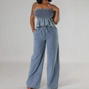 Femmes taille haute mode Denim 2 pièces ensemble ourlet plissé élastique haut sans bretelles exposé nombril large jambe pantalon <span class=keywords><strong>jean</strong></span> décontracté Logo - Product Image 1