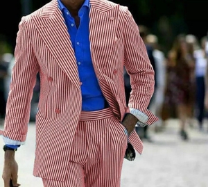 Completo Casual da <span class=keywords><strong>Uomo</strong></span> in Puro Cotone Morbido a Righe Seersucker, Abito Formale da Matrimonio, Smoking <span class=keywords><strong>Doppiopetto</strong></span>, <span class=keywords><strong>Blazer</strong></span> per Feste, 2 Pezzi - Product Image 4