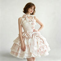 Robe de soirée Lolita brodée de roses roses, robe de bal vintage avec nœud en dentelle florale 3D pour cérémonie de majorité
