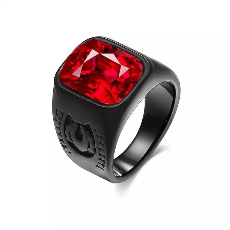 Anillo de GEMA de rubí y esmeralda Chapado en Negro estilo punk para hombre, joyería