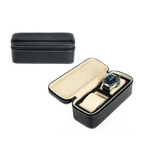 Étui de voyage pour montres en cuir véritable noir à 2 emplacements avec fermeture éclair, en cuir d'autruche, avec coussinets réglables