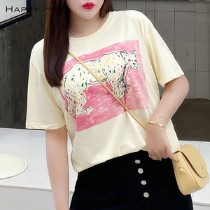 เสื้อยืดแขนสั้นคอกลมพิมพ์ลายเสือดาวสำหรับผู้หญิงไซส์ใหญ่สำหรับฤดูร้อน สีเหลืองอ่อน ผ้าฝ้ายเจอร์ซีย์ N7563 - Product Image 3