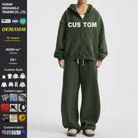 Survêtement Rétro Vintage pour Hommes 370GSM, Ensemble Sweat à Capuche Zippé et Pantalon de Survêtement Teint à la Cire avec Doublure Polaire pour Tenues Streetwear, Vente en Gros