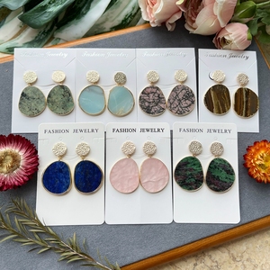 Boucles d'oreilles en forme de tranches de pierres précieuses pour femmes, nouveaux designs à la mode, pendentif en forme d'épidote naturelle, jaspe, quartz rose, cristal, or, clous d'oreilles - Product Image 3