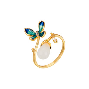 Butterfly Open Ring With Enamel And White Jade Adjustable Index Finger Jewelry Gift - Product Image 5