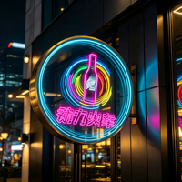 Enseigne néon LED personnalisée à effet miroir infini, boîte lumineuse circulaire avec motifs bouteille de bière et caractères chinois pour la décoration de bars, KTV et discothèques