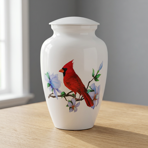 Urna Decorativa Redonda con Diseño de Cardenales Rojos y Flores Azules, Estilo Tradicional Hecho a Mano para Ocasiones de Condolencia, Dropshipping - Product Image 3