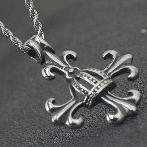European American Retro Cross <b>Crown</b> Pendant Necklace Steel Colored 55cm Unisex Fashion Jewelry - Product Image 4