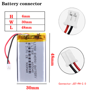 Batería de Litio Recargable de 3.7V, Batería de Polímero de Litio 603048 de 900mAh para Proyector, con Conector PH de 2 Pines y 2.0mm - Product Image 5