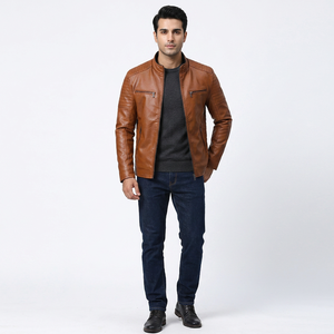 Chaqueta de cuero de alta calidad para hombre, corte ajustado, con cremallera, de PU, para otoño, color marrón. - Product Image 1