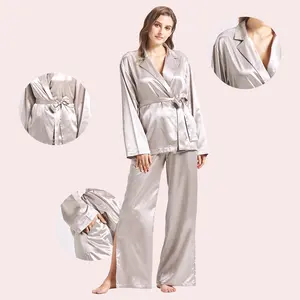 New Arrivals Luxury silver gray Organic Silk Pajamas Long Sleeve Women Sleepwear Girlish Night Wear for Women Sleep Wear
