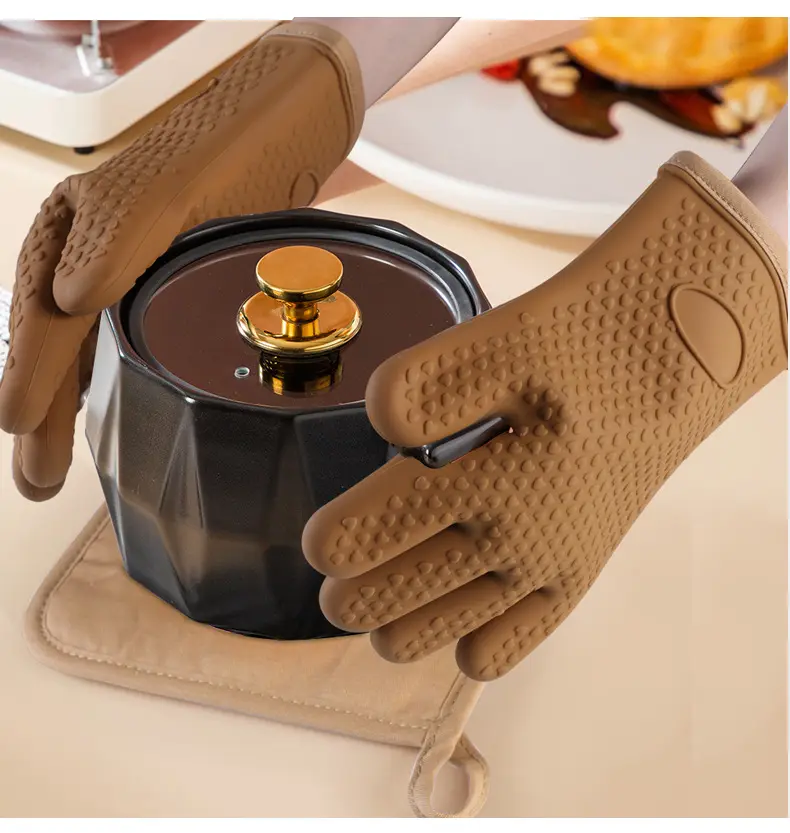 Résistant à la chaleur personnalisé Four de cuisine à cinq doigts Gants de barbecue en coton et silicone pour micro-ondes