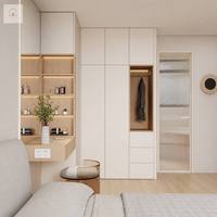 Système de dressing moderne XINGRUO pour chambre à coucher, armoire intégrée crème avec coiffeuse et étagères rétroéclairées par LED pour maison minimaliste
