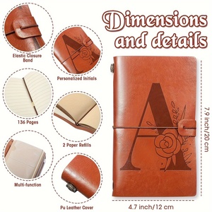 1pc Initial Flower Monogrammed Women/Men Notebook PU <b>Leather</b> Lined Paper Travel Journal Diary Planner Writing <b>Notepad</b> - Product Image 2