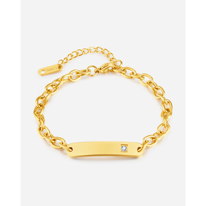 Custom 18K PVD Gold Stainless Steel ID Bar Bracelet with Cubic Zirconia Blank for Custom Text Laser <b>Engraving</b> Personalized Gift - Product Image 2